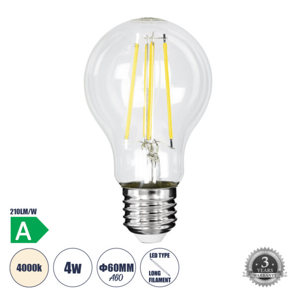 GloboStar® 99091 Λάμπα LED Long Filament E27 A60 Γλόμπος 4W 840lm 360° AC 220-240V IP20 Φ6 x Υ11cm Φυσικό Λευκό 4000K με Διάφανο Γυαλί - Pro Series 210lm/W - A Ενεργειακή Κλάση - 3 Χρόνια Εγγύηση | 9,98 €