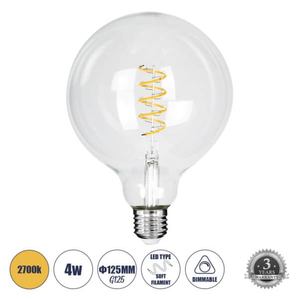 GloboStar® 99137 Λάμπα LED Soft S Spiral Filament E27 G125 Γλόμπος 4W 300lm 360° AC 220-240V IP20 Φ12.5 x Υ18cm Θερμό Λευκό 2700K με Διάφανο Γυαλί Dimmable - 3 Χρόνια Εγγύηση | 10,54 €