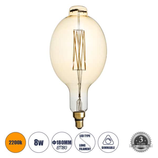 GloboStar® 99166 Λάμπα LED Long Filament E27 BT180 MANGOS Γλόμπος 8W 720lm 360° AC 220-240V IP20 Φ18 x Υ39cm Ultra Θερμό Λευκό 2200K με Μελί Γυαλί - Dimmable - 3 Χρόνια Εγγύηση | 51,61 €