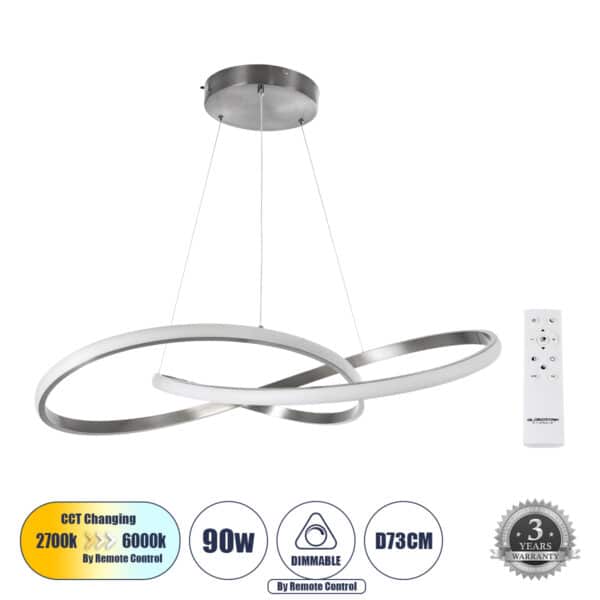 GloboStar® DEXTER 60915 Κρεμαστό Φωτιστικό Οροφής Design LED CCT 90W 10080lm 300° AC 220-240V - Εναλλαγή Φωτισμού μέσω Τηλεχειριστηρίου All In One Ψυχρό 6000k+Φυσικό 4500k+Θερμό 2700k Dimmable Φ73cm - Νίκελ Ασημί Βούρτσας - 3 Years Warranty | 118,38 €