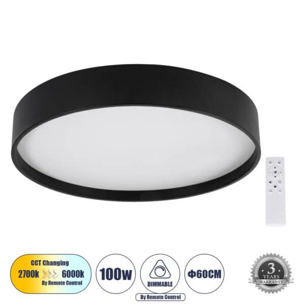 GloboStar® NARNIA 61259 Πλαφονιέρα Οροφής LED CCT 100W 11500lm 120° AC 220-240V - Εναλλαγή Φωτισμού μέσω Τηλεχειριστηρίου All In One Ψυχρό 6000k+Φυσικό 4500k+Θερμό 2700k Dimmable Φ60 x Υ10cm - Μαύρο - 3 Years Warranty | 121,74 €