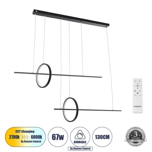 GloboStar® LINEARE 61290 Κρεμαστό Φωτιστικό Οροφής Design LED CCT 67W 7504lm 300° AC 220-240V - Εναλλαγή Φωτισμού μέσω Τηλεχειριστηρίου All In One Ψυχρό 6000k+Φυσικό 4500k+Θερμό 2700k Dimmable Μ130 x Π25 x Υ60cm - Μαύρο - 3 Years Warranty | 71,56 €