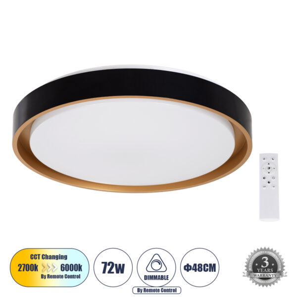 GloboStar® BARCHETTA 61047-S Πλαφονιέρα Οροφής LED CCT 72W 8306lm 120° AC 220-240V - Εναλλαγή Φωτισμού μέσω Τηλεχειριστηρίου All In One Ψυχρό 6000k+Φυσικό 4500k+Θερμό 2700k Dimmable Φ48cm - Μαύρο με Χρυσό - 3 Years Warranty | 76,48 €