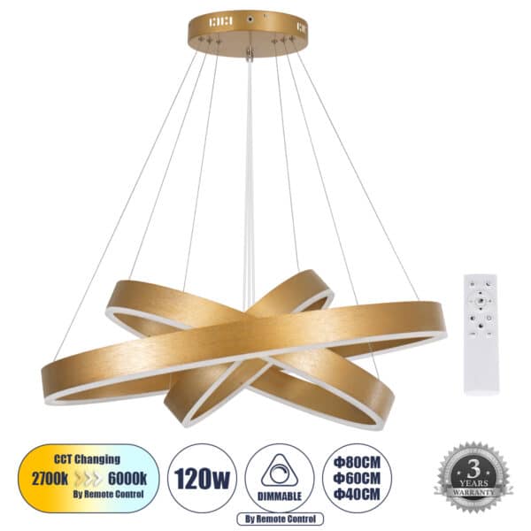 GloboStar® VENOM TRIO 61190-DECO Κρεμαστό Φωτιστικό Δαχτυλίδι-Κύκλος LED CCT 120W 14158lm 120° AC 220-240V - Εναλλαγή Φωτισμού μέσω Τηλεχειριστηρίου All In One Ψυχρό 6000K+Φυσικό 4500K+Θερμό 2700K Dimmable Φ40+60+80cm - Χρυσό Βούρτσας - 3 Years Warranty | 319,33 €