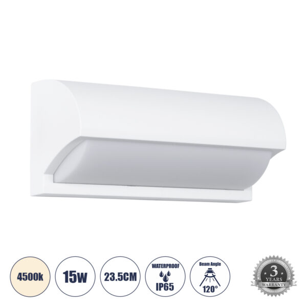 GLOBOSTAR® HORIZON 60691 Φωτιστικό Τοίχου - Απλίκα Εσωτερικού/Εξωτερικού Χώρου LED 15W 1575lm 120° AC175-265V Αδιάβροχο IP65 - Πλαστικό Σώμα - Φυσικό λευκό 4500K - Μ23.5 x Π11 x Υ10cm - Λευκό - Bridgelux Chip - 3 Χρόνια Εγγύηση | 17,19 €