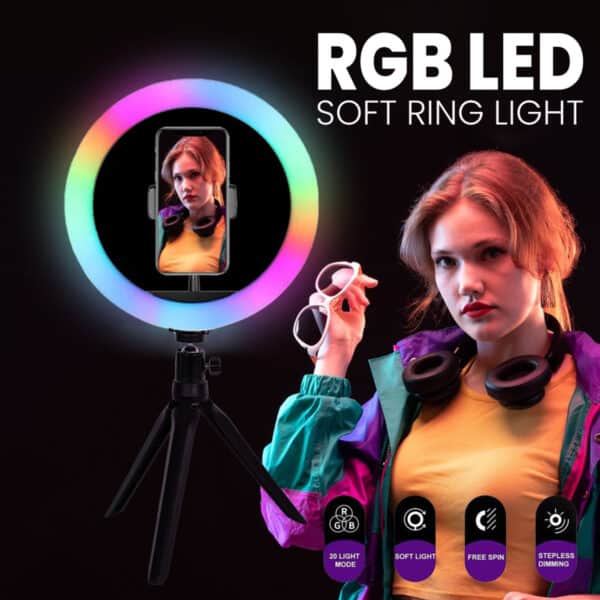 GloboStar® 75800 Professional Digital Ring Light Φ20cm LED SMD 20W 2000lm 180° DC 5V με Καλώδιο Τροφοδοσίας USB - Ενσωματωμένο Χειριστήριο Εναλλαγής Χρωμάτων & 1 Βάση Τηλεφώνου - Πολύχρωμο RGBW+WW Dimmable | 17,63 €