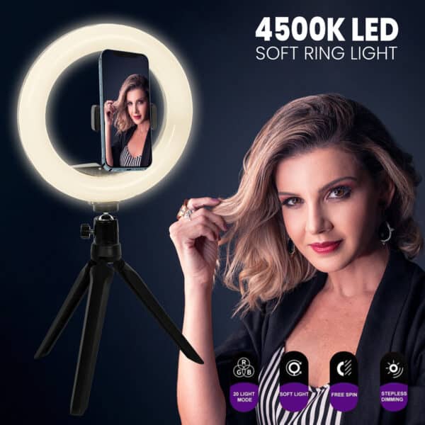 GloboStar® 75800 Professional Digital Ring Light Φ20cm LED SMD 20W 2000lm 180° DC 5V με Καλώδιο Τροφοδοσίας USB - Ενσωματωμένο Χειριστήριο Εναλλαγής Χρωμάτων & 1 Βάση Τηλεφώνου - Πολύχρωμο RGBW+WW Dimmable | 17,63 €