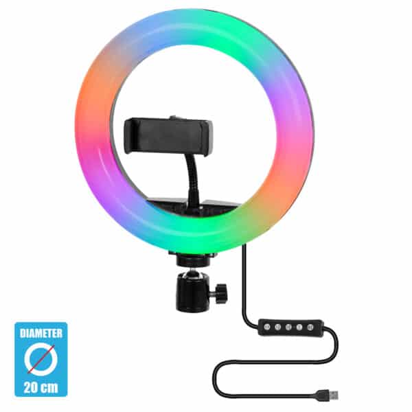 GloboStar® 75800 Professional Digital Ring Light Φ20cm LED SMD 20W 2000lm 180° DC 5V με Καλώδιο Τροφοδοσίας USB - Ενσωματωμένο Χειριστήριο Εναλλαγής Χρωμάτων & 1 Βάση Τηλεφώνου - Πολύχρωμο RGBW+WW Dimmable | 17,63 €