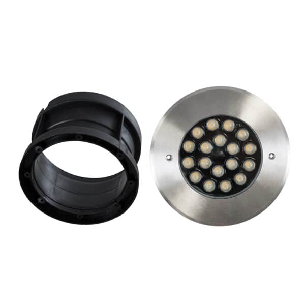 GloboStar® UNDERGROUND-SINA 90571 Χωνευτό Φωτιστικό Σποτ Δαπέδου LED 18W 1620lm 15° DC 24V Αδιάβροχο IP68 Φ20 x Υ11cm Θερμό Λευκό 2700K - Ανοξείδωτο Ατσάλι - 3 Χρόνια Εγγύηση | 43,43 €