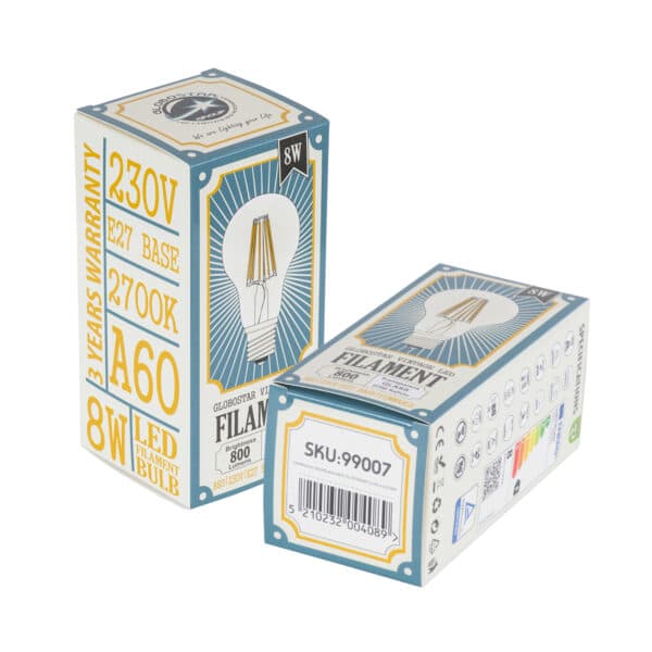 GloboStar® 99007 Λάμπα LED Long Filament E27 A60 Γλόμπος 8W 800lm 360° AC 220-240V IP20 Φ6 x Υ10.5cm Θερμό Λευκό 2700K με Διάφανο Γυαλί - Dimmable - 3 Χρόνια Εγγύηση | 5,93 €