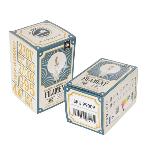 GloboStar® 99009 Λάμπα LED Long Filament E27 G95 Γλόμπος 4W 400lm 360° AC 220-240V IP20 Φ9.5 x Υ13.5cm Θερμό Λευκό 2700K με Διάφανο Γυαλί - Dimmable - 3 Years Warranty | 5,14 €