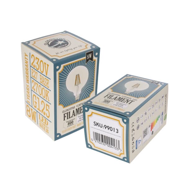 GloboStar® 99013 Λάμπα LED Long Filament E27 G125 Γλόμπος 8W 800lm 360° AC 220-240V IP20 Φ12.5 x Υ18cm Θερμό Λευκό 2700K με Διάφανο Γυαλί - Dimmable - 3 Years Warranty | 7,73 €