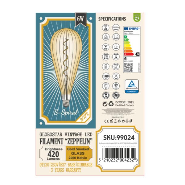 GloboStar® 99024 Λάμπα LED Soft S Spiral Filament E27 OT120 ZEPPELIN Γλόμπος 6W 420lm 360° AC 220-240V IP20 Φ12 x Υ46cm Ultra Θερμό Λευκό 2200K με Μελί Γυαλί - Dimmable - 3 Years Warranty | 41,82 €