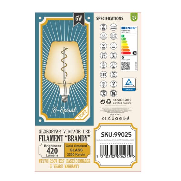 GloboStar® 99025 Λάμπα LED Soft S Spiral Filament E27 NT170 BRANDY Γλόμπος 6W 420lm 360° AC 220-240V IP20 Φ17 x Υ23cm Ultra Θερμό Λευκό 2200K με Μελί Γυαλί - Dimmable - 3 Years Warranty | 41,82 €