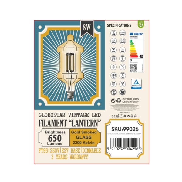 GloboStar® 99026 Λάμπα LED Long Filament E27 FT95 LANTERN Γλόμπος 8W 650lm 360° AC 220-240V IP20 Φ9.5 x Υ21.5cm Ultra Θερμό Λευκό 2200K με Μελί Γυαλί - Dimmable - 3 Years Warranty | 17,18 €