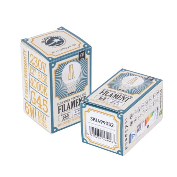 GloboStar® 99052 Λάμπα LED Long Filament E27 G45 Γλομπάκι 6W 660lm 360° AC 220-240V IP20 Φ4.5 x Υ7.5cm Φυσικό Λευκό 4000K με Διάφανο Γυαλί - Dimmable - 3 Years Warranty | 4,64 €