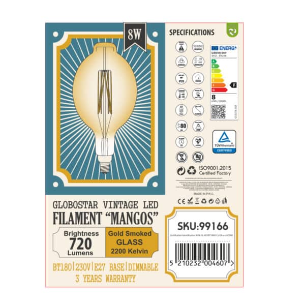 GloboStar® 99166 Λάμπα LED Long Filament E27 BT180 MANGOS Γλόμπος 8W 720lm 360° AC 220-240V IP20 Φ18 x Υ39cm Ultra Θερμό Λευκό 2200K με Μελί Γυαλί - Dimmable - 3 Χρόνια Εγγύηση | 51,61 €