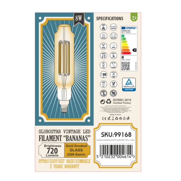 GloboStar® 99168 Λάμπα LED Long Filament E27 BTT80 BANANAS Γλόμπος 8W 720lm 360° AC 220-240V IP20 Φ7.8 x Υ34.5cm Ultra Θερμό Λευκό 2200K με Μελί Γυαλί - Dimmable - 3 Χρόνια Εγγύηση | 50,57 €