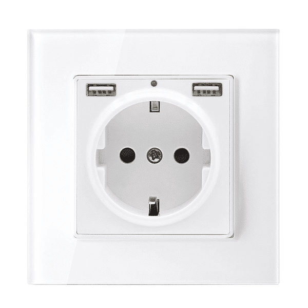 GERMAN TYPE SOCKET 16A 2XUSB GLASS FRAME WH+C. BOX