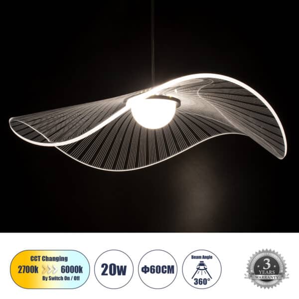 GloboStar® ACRYLICA 60975 Κρεμαστό Φωτιστικό Οροφής Design LED CCT 20W 2240lm 360° AC 220-240V - Εναλλαγή Φωτισμού μέσω Διακόπτη On/Off All In One Ψυχρό 6000k+Φυσικό 4500k+Θερμό 2700k Φ60cm - Μαύρο με Διάφανο Laser Designed Plexiglass - 3 Years Warranty | 129,36 €