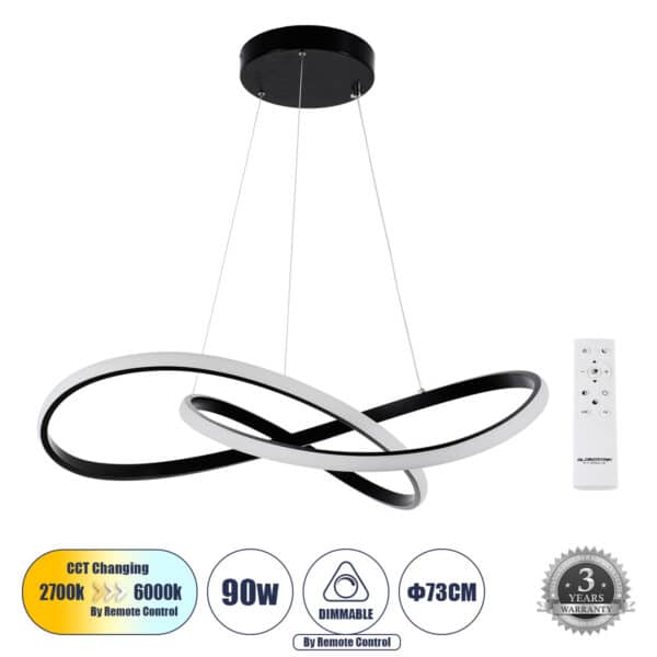 GloboStar® DEXTER 60913 Κρεμαστό Φωτιστικό Οροφής Design LED CCT 90W 10080lm 300° AC 220-240V - Εναλλαγή Φωτισμού μέσω Τηλεχειριστηρίου All In One Ψυχρό 6000k+Φυσικό 4500k+Θερμό 2700k Dimmable Φ73cm - Μαύρο - 3 Years Warranty | 109,37 €