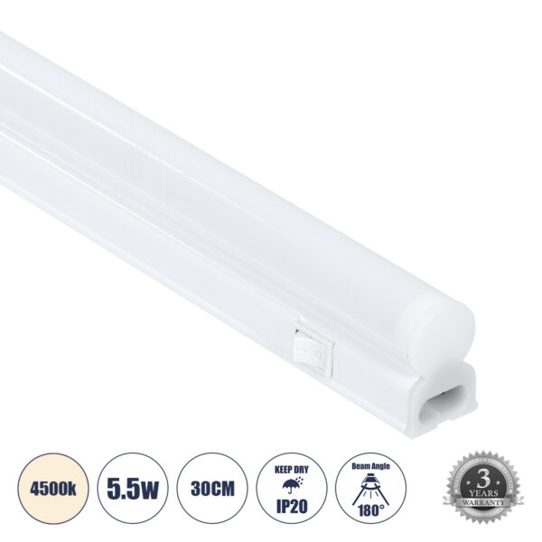 GloboStar® TUBO 60785 Γραμμικό Φωτιστικό Οροφής Linear LED Τύπου T5 Επεκτεινόμενο 5.5W 539lm 180° AC 220-240V IP20 Πάγκου Κουζίνας με Διακόπτη On/Off Μ30 x Π2.2 x Υ3.5cm Φυσικό Λευκό 4500K - Λευκό - 3 Years Warranty | 5,00 €