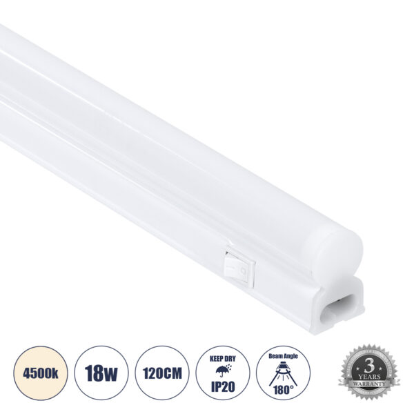 GloboStar® TUBO 60791 Γραμμικό Φωτιστικό Οροφής Linear LED Τύπου T5 Επεκτεινόμενο 18W 1764lm 180° AC 220-240V IP20 Πάγκου Κουζίνας με Διακόπτη On/Off Μ120 x Π2.2 x Υ3.5cm Φυσικό Λευκό 4500K - Λευκό - 3 Years Warranty | 8,01 €