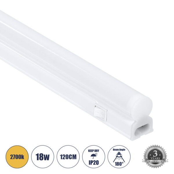 GloboStar® TUBO 60792 Γραμμικό Φωτιστικό Οροφής Linear LED Τύπου T5 Επεκτεινόμενο 18W 1728lm 180° AC 220-240V IP20 Πάγκου Κουζίνας με Διακόπτη On/Off Μ120 x Π2.2 x Υ3.5cm Θερμό Λευκό 2700K - Λευκό - 3 Years Warranty | 8,01 €