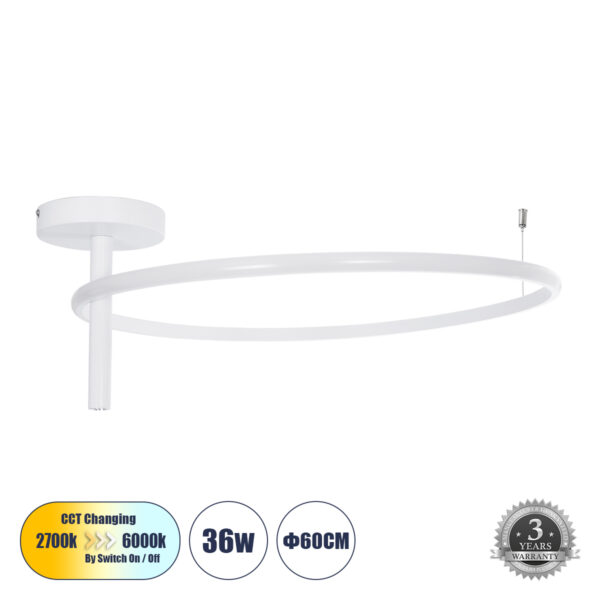 GloboStar® VERONA 61224 Φωτιστικό Οροφής Δαχτυλίδι-Κύκλος LED CCT 36W 4032lm 360° AC 220-240V - Εναλλαγή Φωτισμού μέσω Διακόπτη On/Off All In One Ψυχρό 6000k+Φυσικό 4500k+Θερμό 2700K Φ60 x Υ23cm - Λευκό - 3 Χρόνια Εγγύηση | 48,73 €