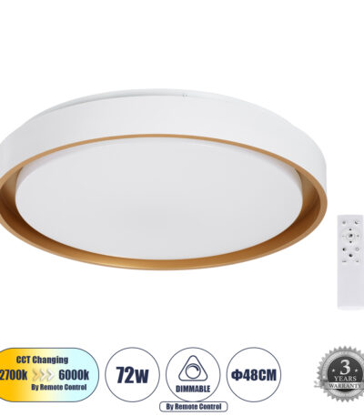 GloboStar® BARCHETTA 61399-S Πλαφονιέρα Οροφής LED CCT 72W 8306lm 120° AC 220-240V - Εναλλαγή Φωτισμού μέσω Τηλεχειριστηρίου All In One Ψυχρό 6000k+Φυσικό 4500k+Θερμό 2700k Dimmable Φ48cm - Χρυσό - 3 Years Warranty |