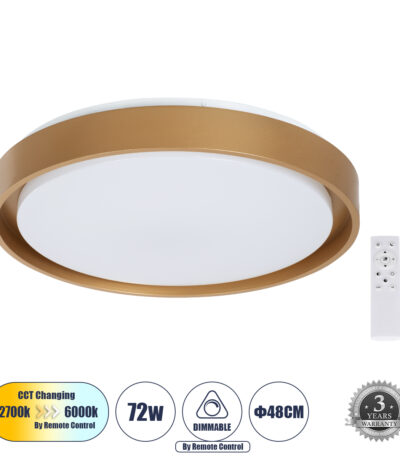 GloboStar® BARCHETTA 61399-S Πλαφονιέρα Οροφής LED CCT 72W 8306lm 120° AC 220-240V - Εναλλαγή Φωτισμού μέσω Τηλεχειριστηρίου All In One Ψυχρό 6000k+Φυσικό 4500k+Θερμό 2700k Dimmable Φ48cm - Χρυσό - 3 Years Warranty |