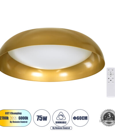 GloboStar® BARCHETTA 61399-S Πλαφονιέρα Οροφής LED CCT 72W 8306lm 120° AC 220-240V - Εναλλαγή Φωτισμού μέσω Τηλεχειριστηρίου All In One Ψυχρό 6000k+Φυσικό 4500k+Θερμό 2700k Dimmable Φ48cm - Χρυσό - 3 Years Warranty |