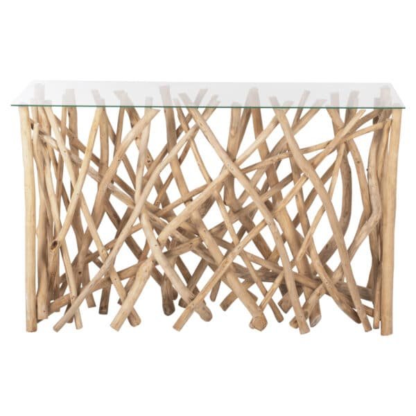 ΚΟΝΣΟΛΑ ΣΕ ΡΟΥΣΤΙΚ ΣΤΥΛ ΜΑΣΙΦ ΞΥΛΟ ΤEAK & ΓΥΑΛΙ ΦΥΣΙΚΟ 120X35X75Yεκ.HM9373 - Image 3