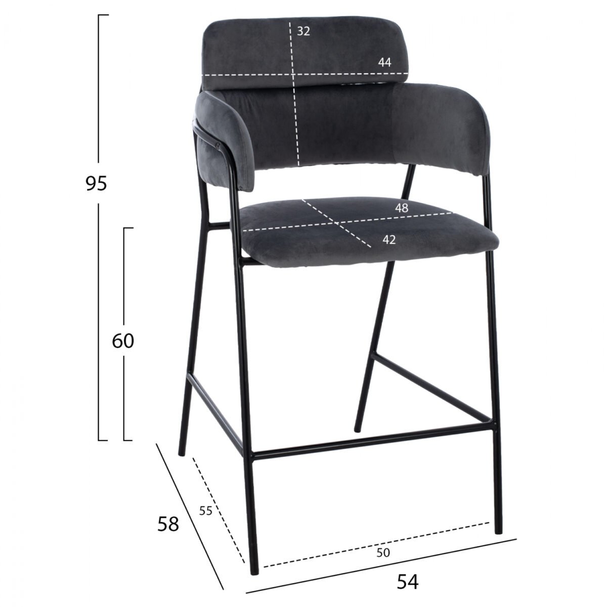 ΣΚΑΜΠΟ ΜΕΣΑΙΟΥ ΥΨΟΥΣ HM8735.01 KELSO ΒΕΛΟΥΔΟ ΓΚΡΙ ΜΕ ΜΕΤΑΛΛΙΚΟ ΣΚΕΛΕΤΟ 54x58x95Υ εκ. - Image 2