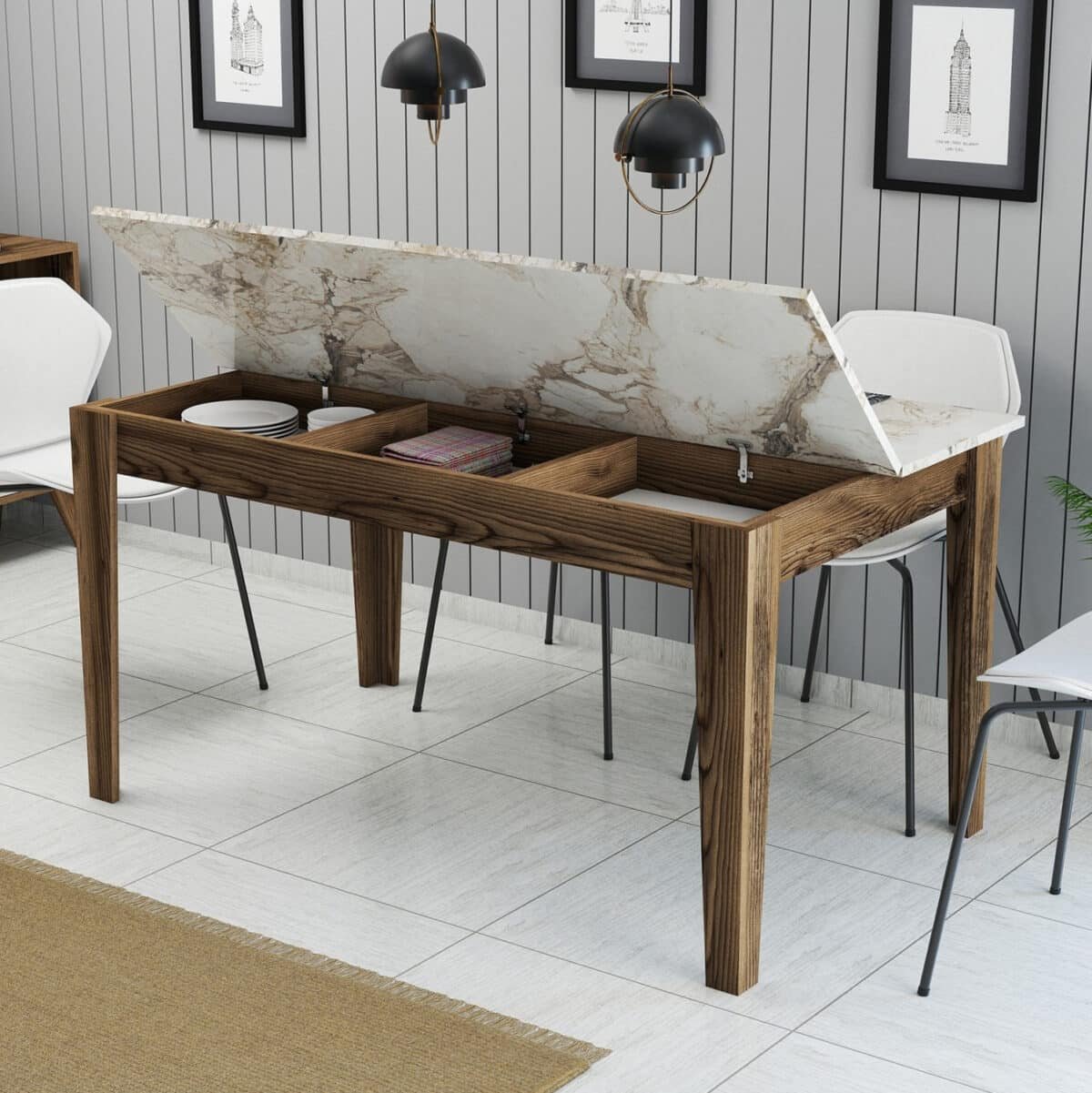 ΤΡΑΠΕΖΙ STANDARD HM9507.03 ΜΕΛΑΜΙΝΗ ΚΑΡΥΔΙ-ΛΕΥΚΟ ΜΑΡΜΑΡΟ ΜΕ ΑΠΟΘ.ΧΩΡΟ 145x88x75Yεκ. - Image 5