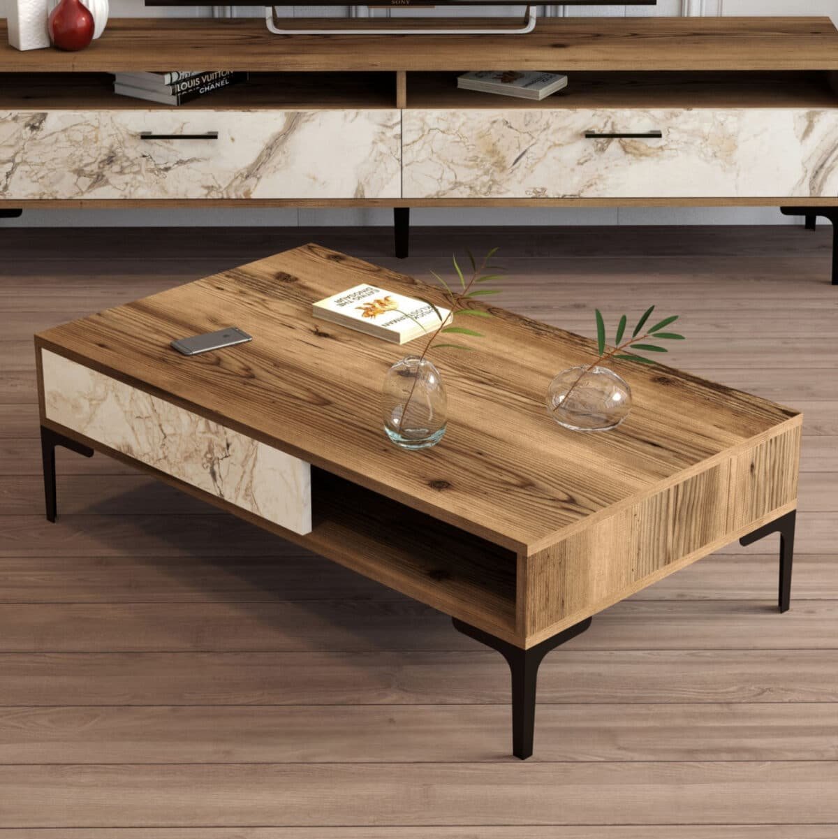 ΤΡΑΠΕΖΙ ΣΑΛΟΝΙΟΥ HM9503.05 ΜΕΛΑΜΙΝΗΣ ΚΑΡΥΔΙ-ΛΕΥΚΟ ΜΑΡΜΑΡΟ&ΜΕΤΑΛ.ΠΟΔΙ 105x60x32.6Υεκ. - Image 4