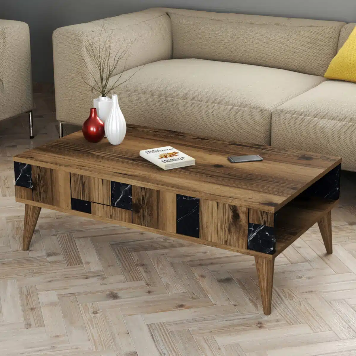 ΤΡΑΠΕΖΙ ΣΑΛΟΝΙΟΥ HM9504.02 ΜΕΛΑΜΙΝΗΣ ΚΑΡΥΔΙ-ΜΑΥΡΟ ΜΑΡΜΑΡΟ 105x60x37.6Υεκ. - Image 3