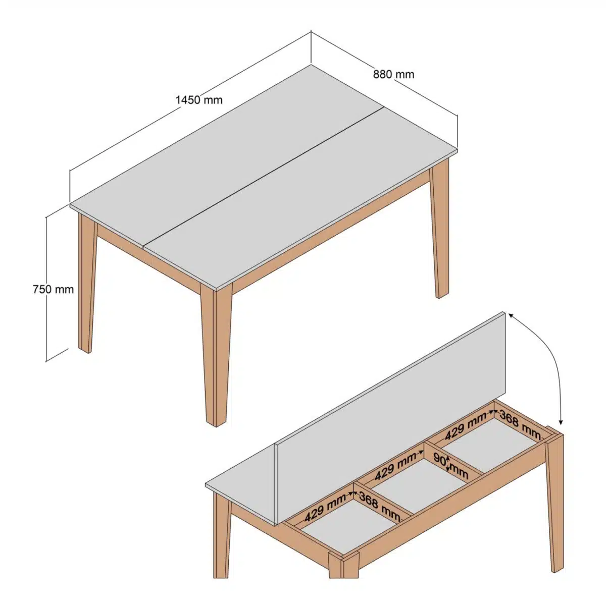 ΤΡΑΠΕΖΙ ΤΡΑΠΕΖΑΡΙΑΣ STANDARD HM9507.01 ΜΕΛΑΜΙΝΗ ΚΑΡΥΔΙ-ΑΝΘΡΑΚΙ ΜΕ ΑΠΟΘ.ΧΩΡΟ 145x88x75Yεκ. - Image 2
