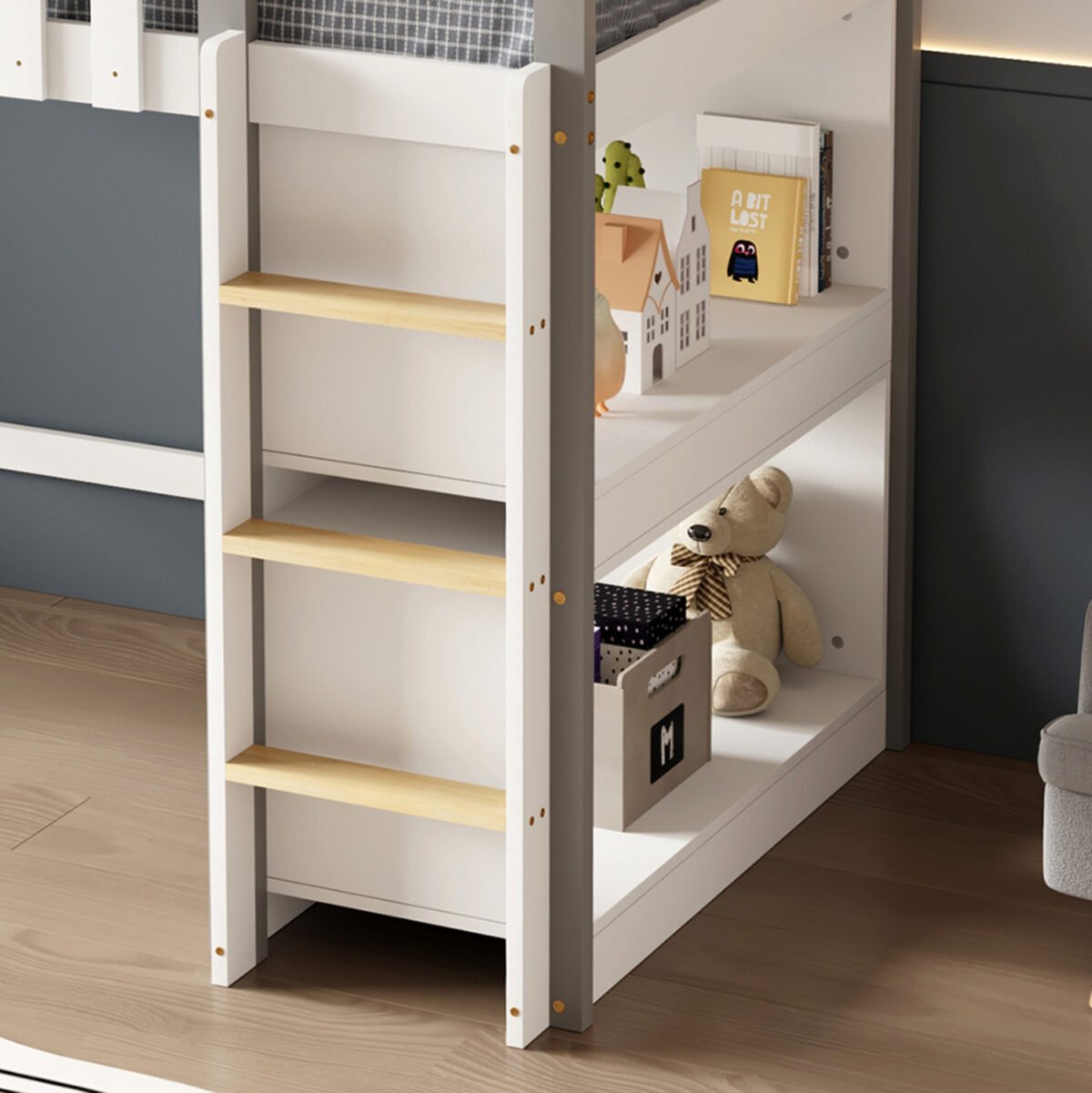 ΠΑΙΔΙΚΟ ΚΡΕΒΑΤΙ τ.MONTESSORI ΜΕ ΠΛΑΙΝΑ ΡΑΦΙΑ HOMI HM712 ΞΥΛΟ ΠΕΥΚΟΥ ΛΕΥΚΟ-ΓΚΡΙ-ΣΤΡΩΜΑ 90x190εκ - Image 5