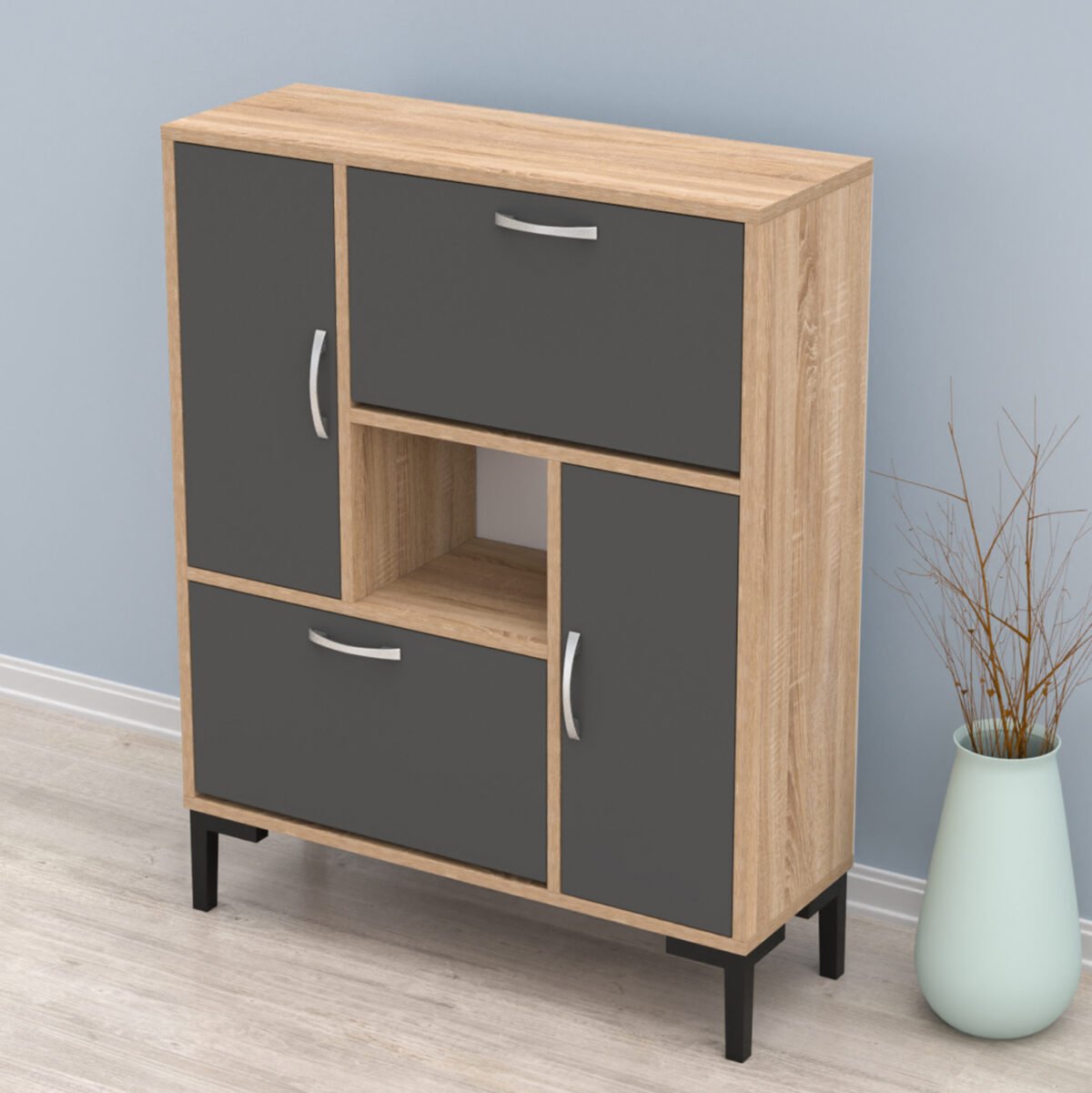 ΠΑΠΟΥΤΣΟΘΗΚΗ MEDY HM18187.01 ΜΕΛΑΜΙΝΗ ΣΕ ΑΝΘΡΑΚΙ & ΣΟΝΑΜΑ-ΜΑΥΡΑ ΠΟΔΙΑ 85x30x108.5Υ εκ. - Image 4