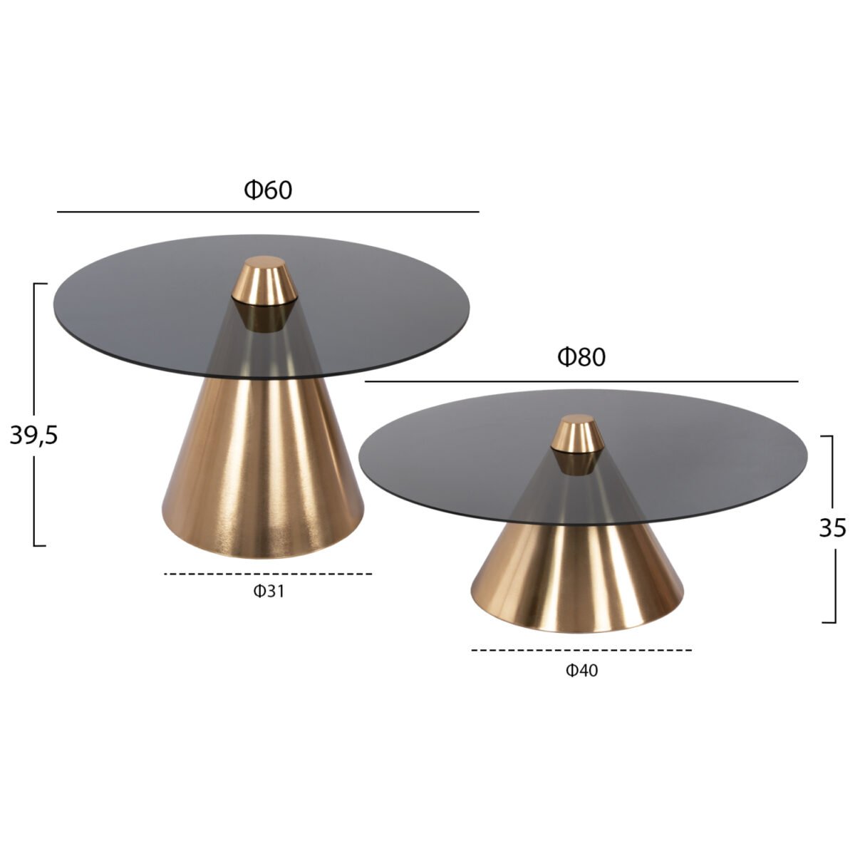 ΤΡΑΠΕΖΙA ΣΑΛΟΝΙΟΥ 2ΤΜΧ REBEN HM9919 ΜΕΤΑΛΛΟ ΧΡΥΣΟ-ΦΙΜΕ ΜΑΥΡΟ ΓΥΑΛΙ Φ80 & Φ60 εκ. - Image 2