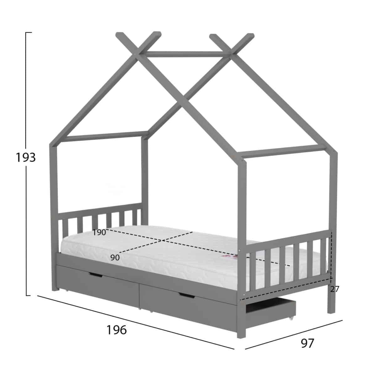 ΚΡΕΒΑΤΙ ΠΑΙΔΙΚΟ ΜΕ ΣΤΡΩΜΑ KLARICE HM21305.02 ΞΥΛΟ ΠΕΥΚΟΥ ΣΕ ΓΚΡΙ--ΣΤΡΩΜΑ 90x190εκ - Image 3