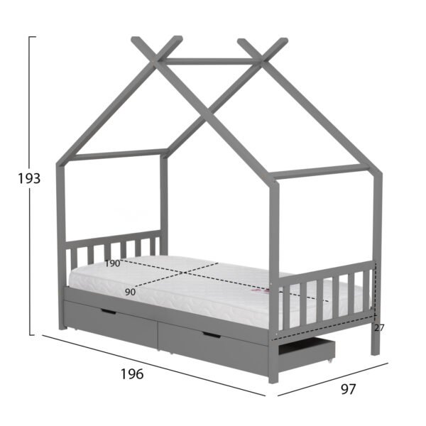 ΚΡΕΒΑΤΙ ΠΑΙΔΙΚΟ ΜΕ ΣΤΡΩΜΑ KLARICE HM21305.02 ΞΥΛΟ ΠΕΥΚΟΥ ΣΕ ΓΚΡΙ--ΣΤΡΩΜΑ 90x190εκ - Image 3
