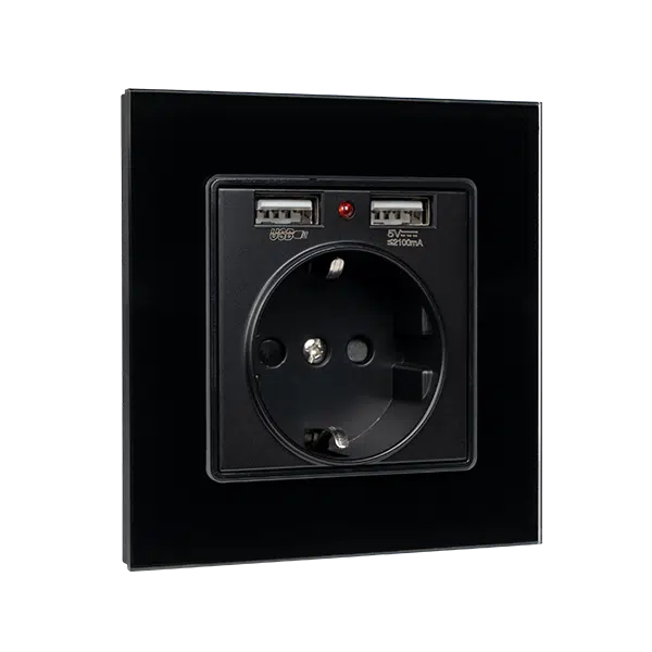 GERMAN TYPE SOCKET 16A 2XUSB GLASS FRAME BL+C. BOX