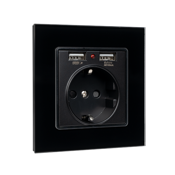 GERMAN TYPE SOCKET 16A WITH 2XUSB GLASS FRAME BL