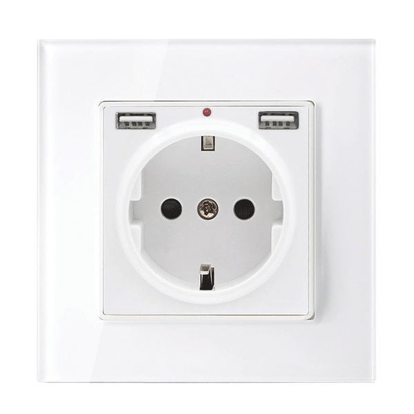 GERMAN TYPE SOCKET 16A 2XUSB GLASS FRAME WH+C. BOX