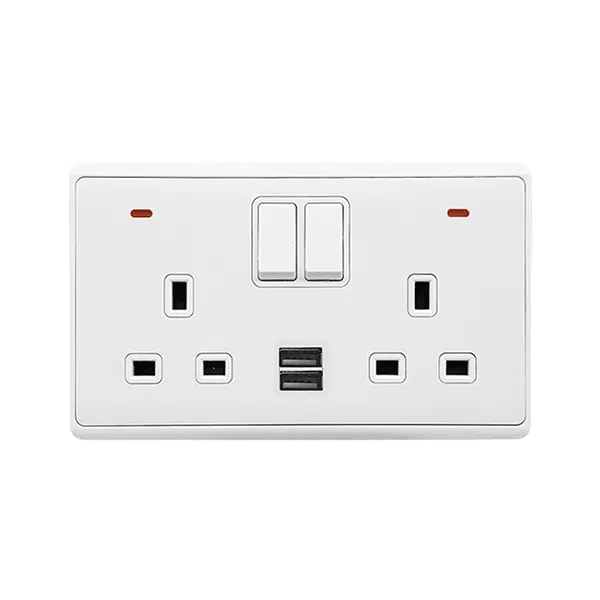 LONDON DOUBLE SOCKET 2P BUTTON SWITCH NEON+USB WH