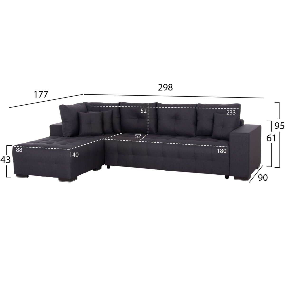 ΓΩΝΙΑΚΟΣ ΚΑΝΑΠΕΣ-ΚΡΕΒΑΤΙ ΜΕ ΑΠΟΘ.ΧΩΡΟ TRENDSTON HM3302.01L ΓΚΡΙ ΥΦΑΣΜΑ 298x177x95Υεκ - Image 2