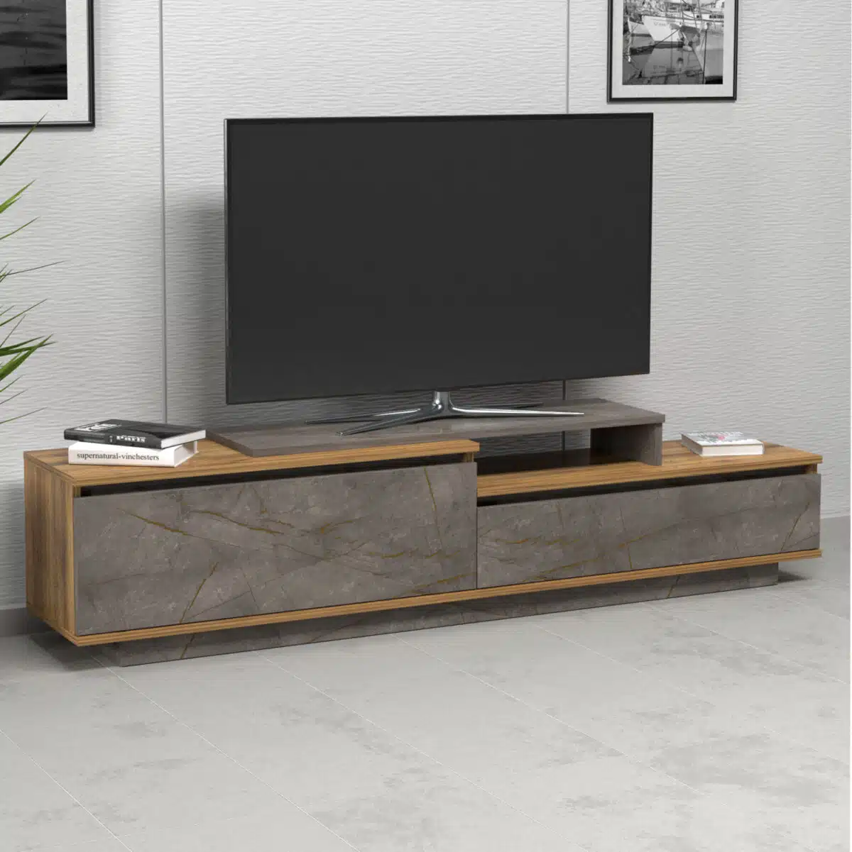 ΕΠΙΠΛΟ TV LEIS HM18186 ΜΕΛΑΜΙΝΗ ΣΕ ΦΥΣΙΚΟ ΞΥΛΟΥ & ΟΨΗ ΓΚΡΙ ΜΑΡΜΑΡΟ 180x35x42Υεκ. - Image 2