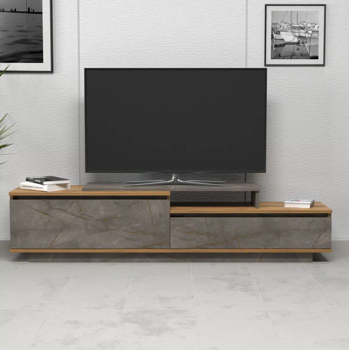 ΕΠΙΠΛΟ TV LEIS HM18186 ΜΕΛΑΜΙΝΗ ΣΕ ΦΥΣΙΚΟ ΞΥΛΟΥ & ΟΨΗ ΓΚΡΙ ΜΑΡΜΑΡΟ 180x35x42Υεκ. - Image 3
